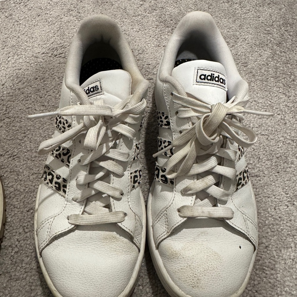 adidas White and Black Athletic Shoes with leopard stripes
